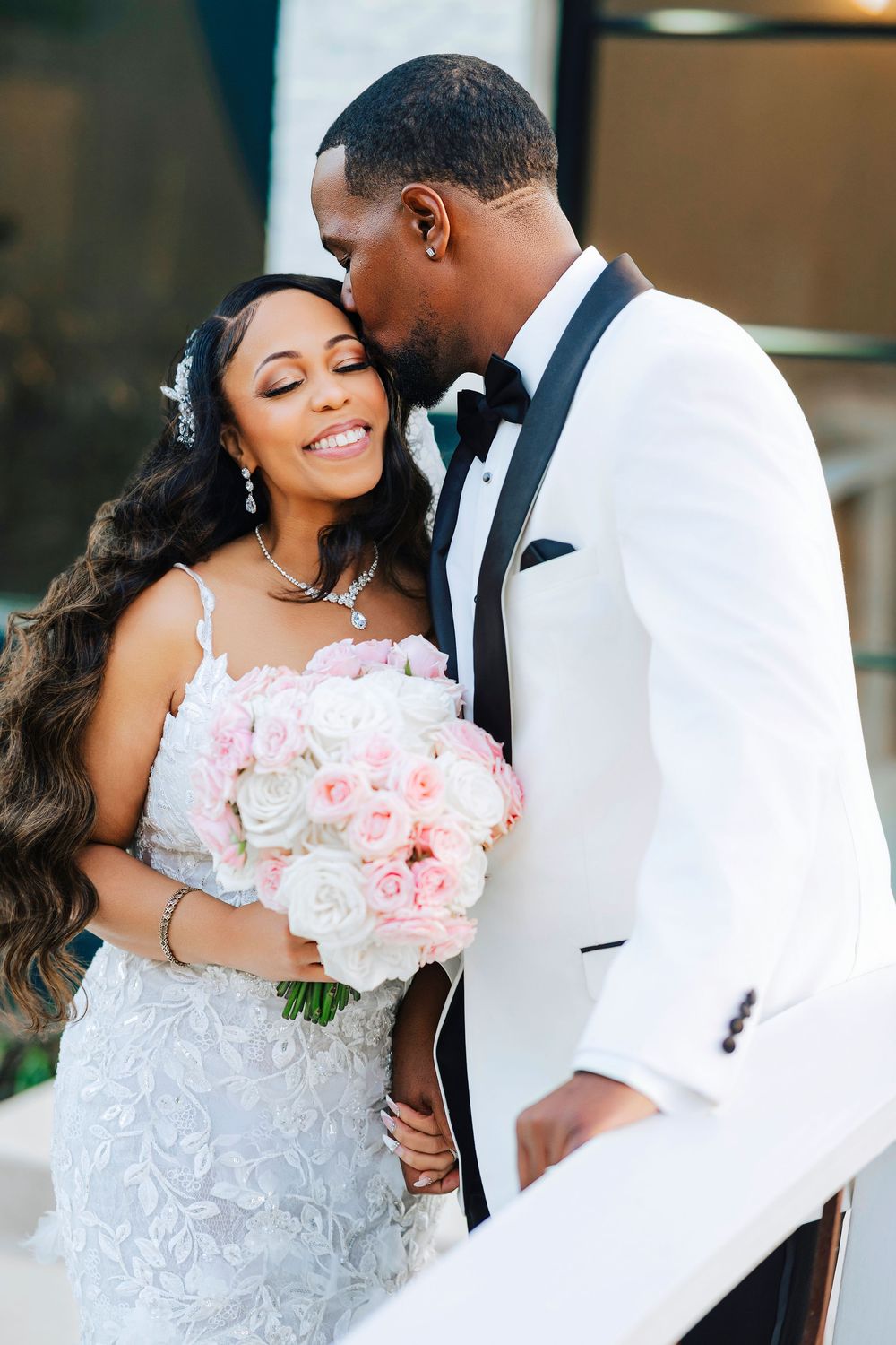 Romantic wedding photography collage showing intimate moments between newlyweds with pink rose bouquet.