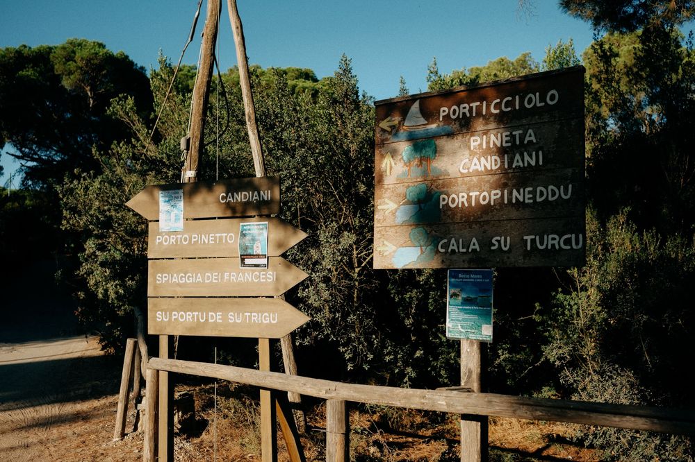 Wooden trail signs and markers along a coastal hiking path.