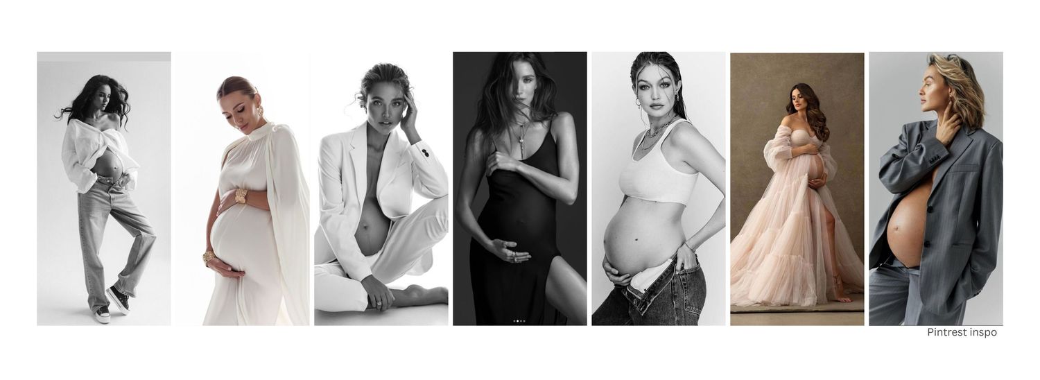 A collage of seven elegant maternity photoshoot poses featuring women in stylish outfits ranging from casual to formal wear.