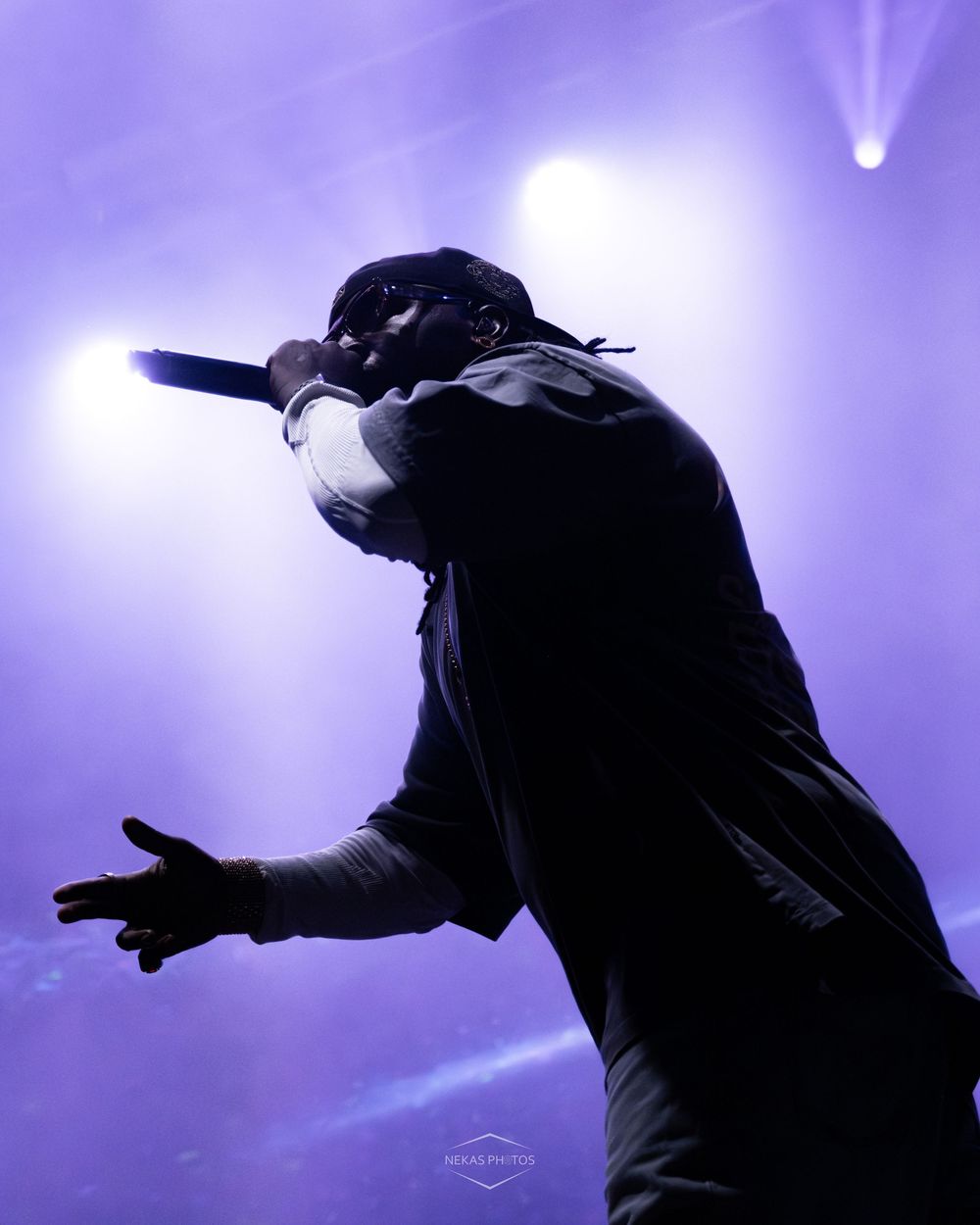 A performer holds a microphone on a dramatic purple-lit concert stage, silhouetted against bright spotlights.