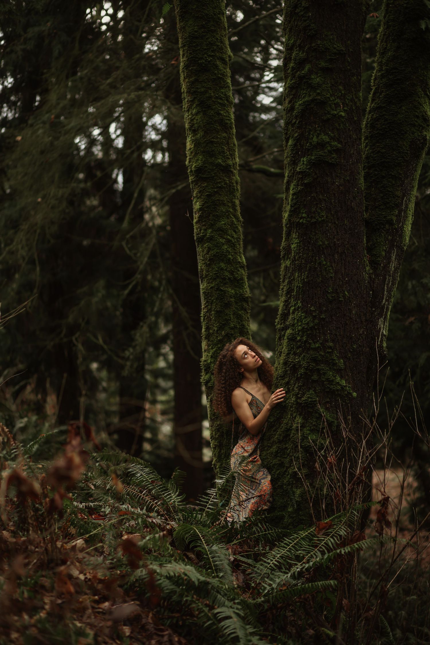 woman of color sitting between two moss covered trees at Interlaken park in seattle