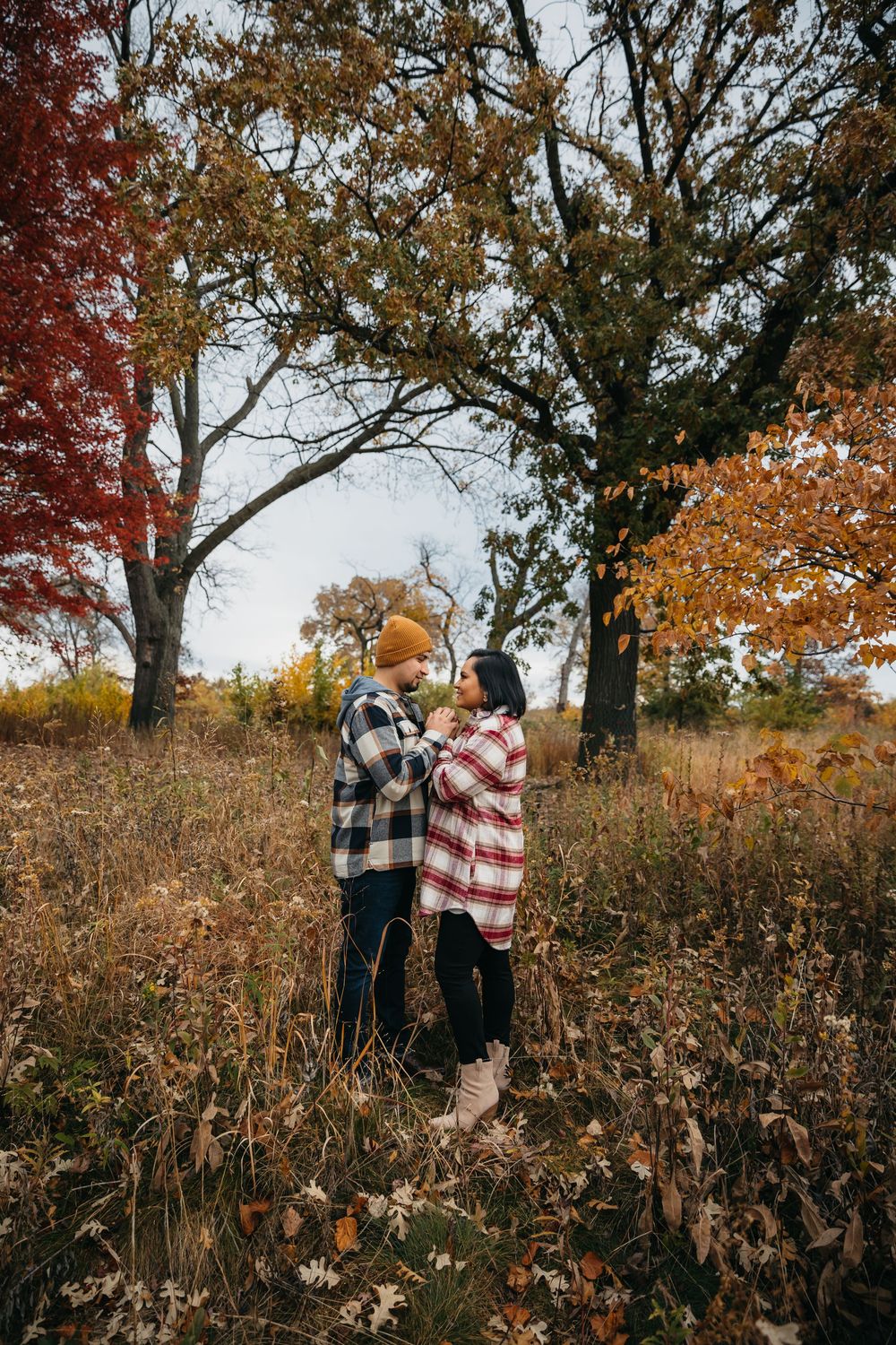 Couple embracing during engagement session in fall forest with colorful fall foliage and tall trees in background at Lincoln Park