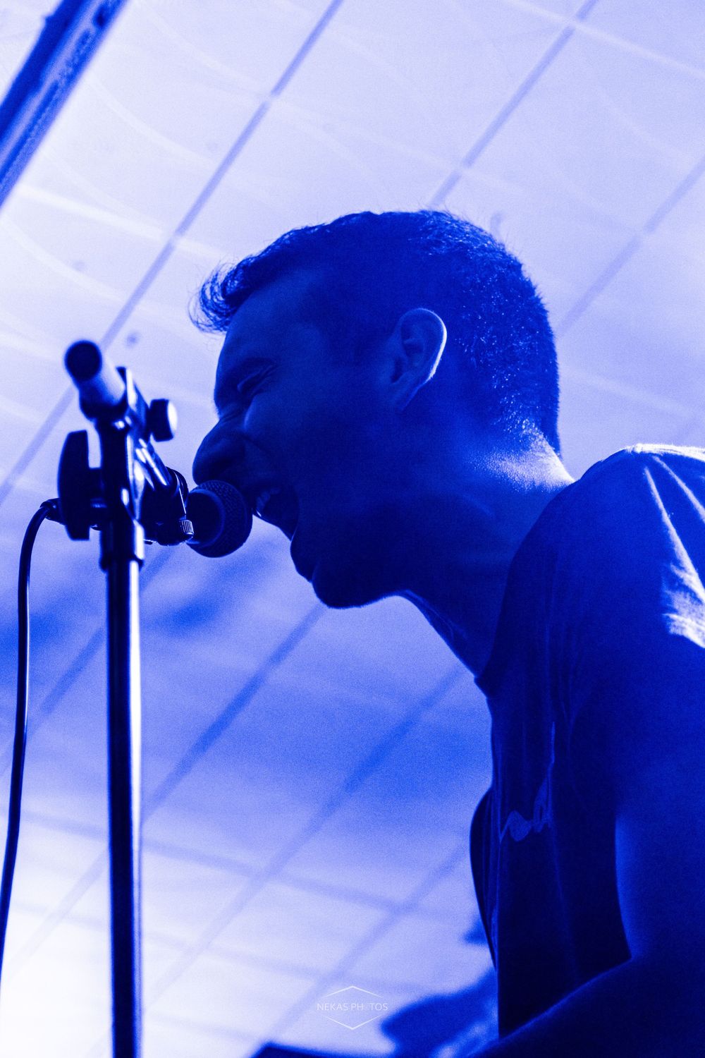 A male vocalist performing on stage under dramatic blue lighting, leaning into a microphone stand during a live concert.