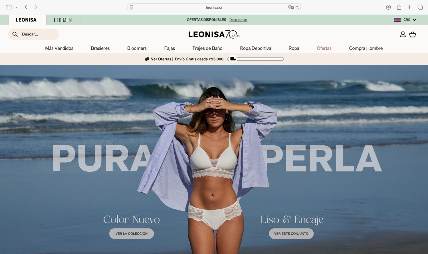 Woman in white lingerie set poses on beach for Leonisa Pura Perla collection featuring lace and smooth fabric styles.