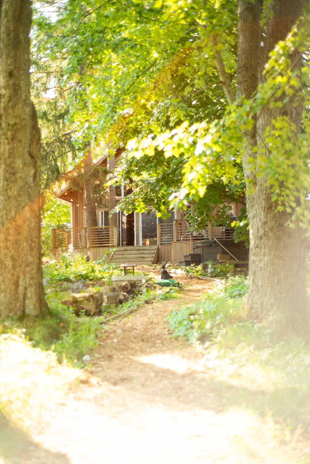A rustic cabin nestled among fall trees with a dirt path leading to the entrance and golden sunlight filtering through leaves.