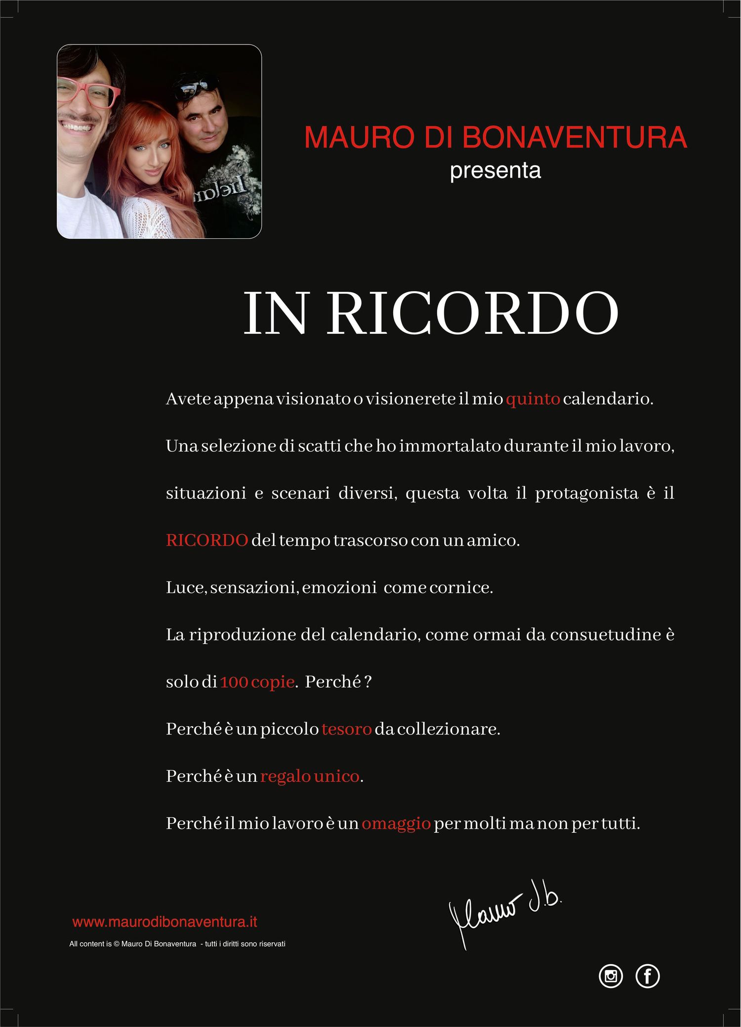 Calendar promotional page with red text describing photo collection memories and experiences.