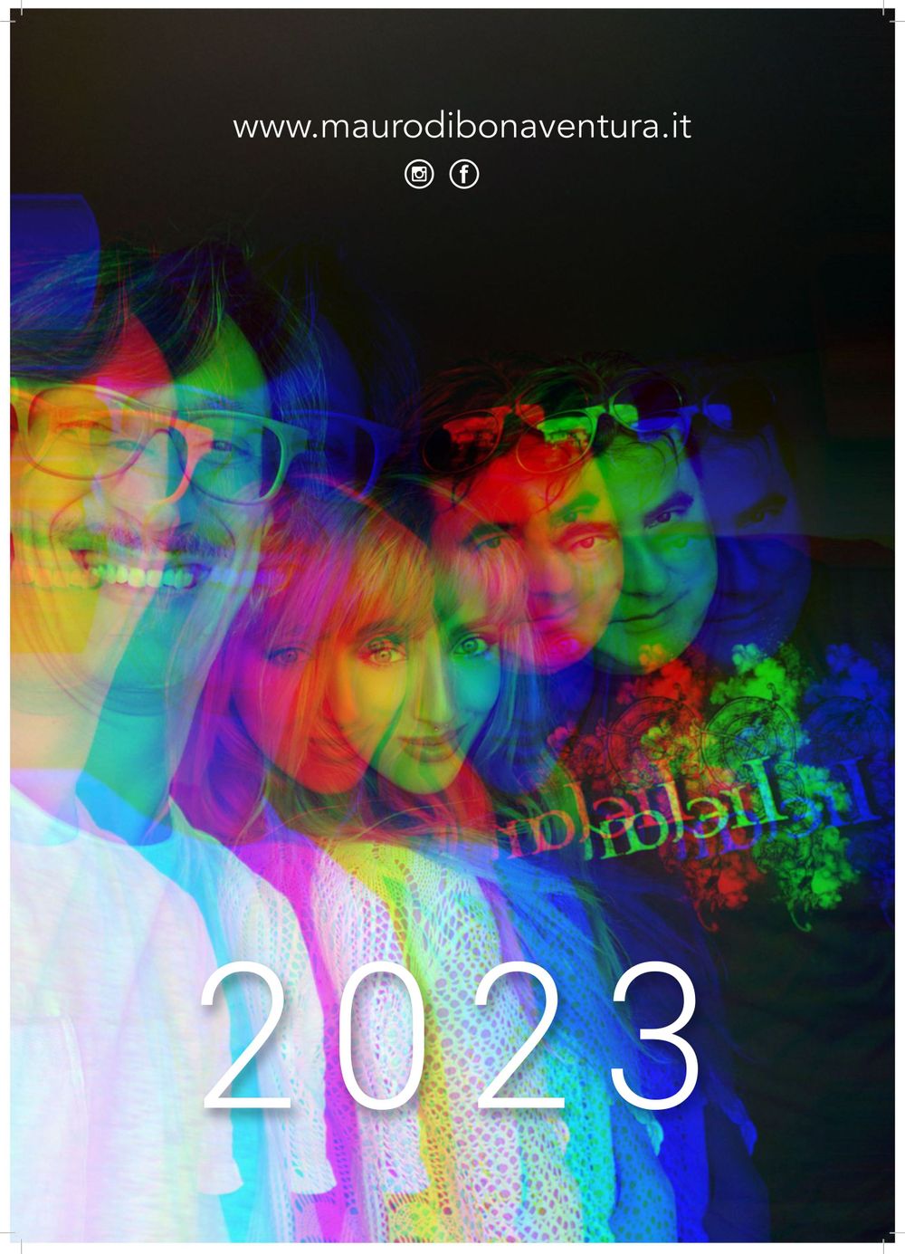 Abstract colorful kaleidoscope effect portrait overlays create artistic 2023 calendar cover design.