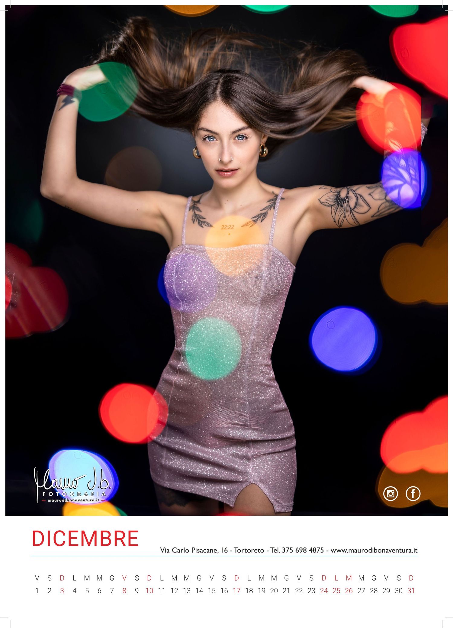 Fashion calendar image showing a model in a sparkly dress with colorful bokeh lights.
