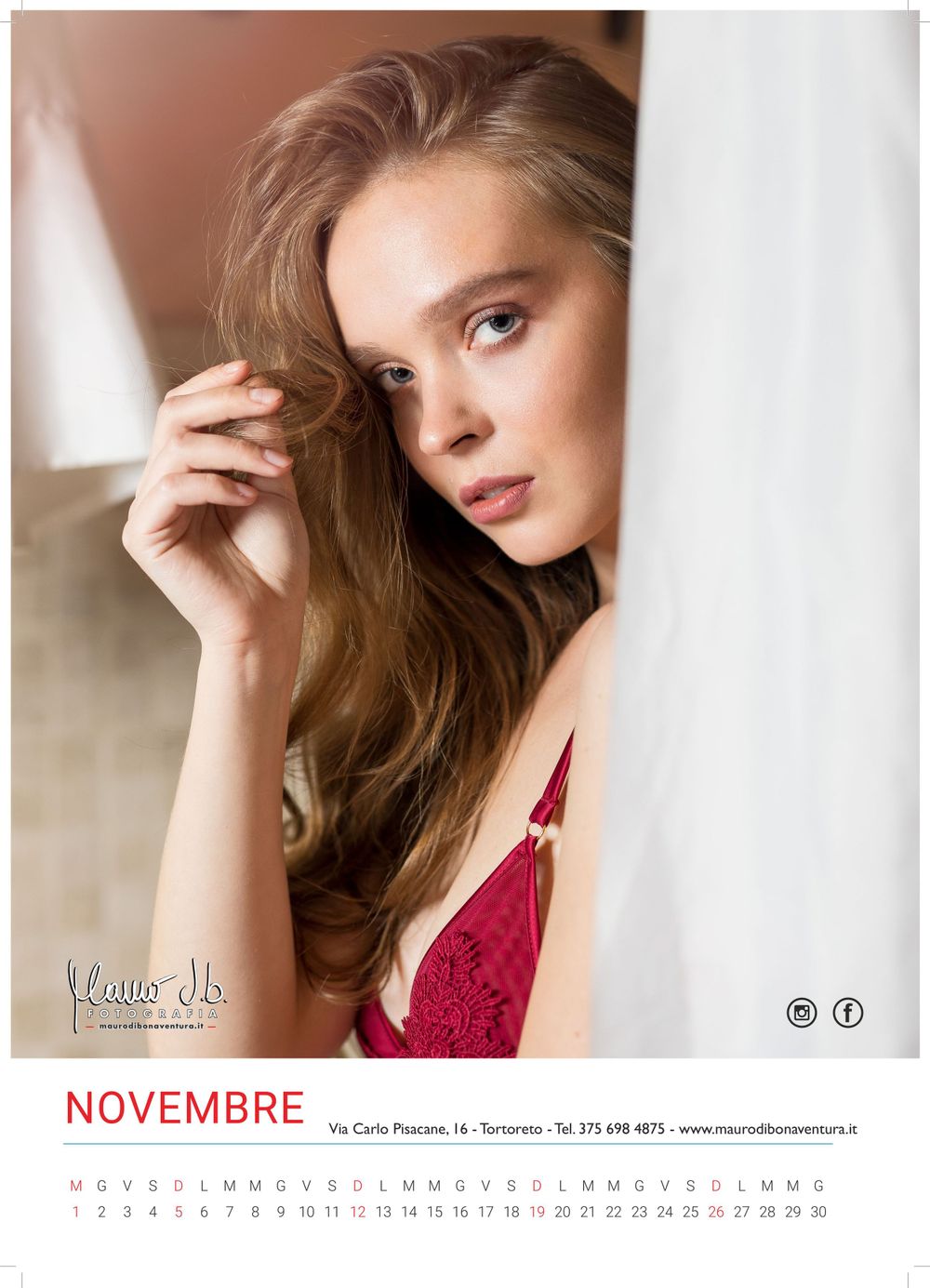Calendar page featuring soft portrait photography in natural window light.