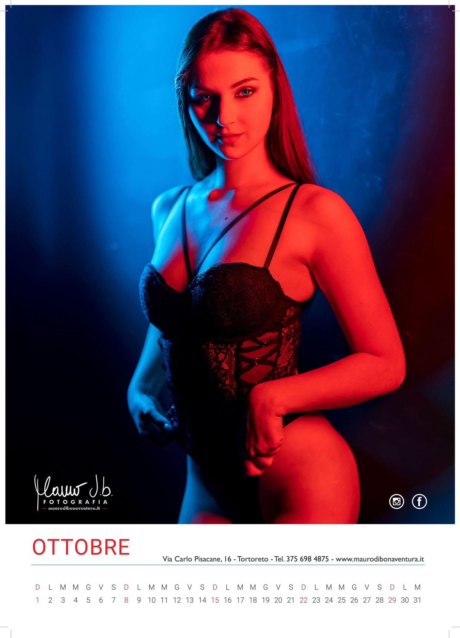 Fashion calendar photo with dramatic red and blue lighting effects.