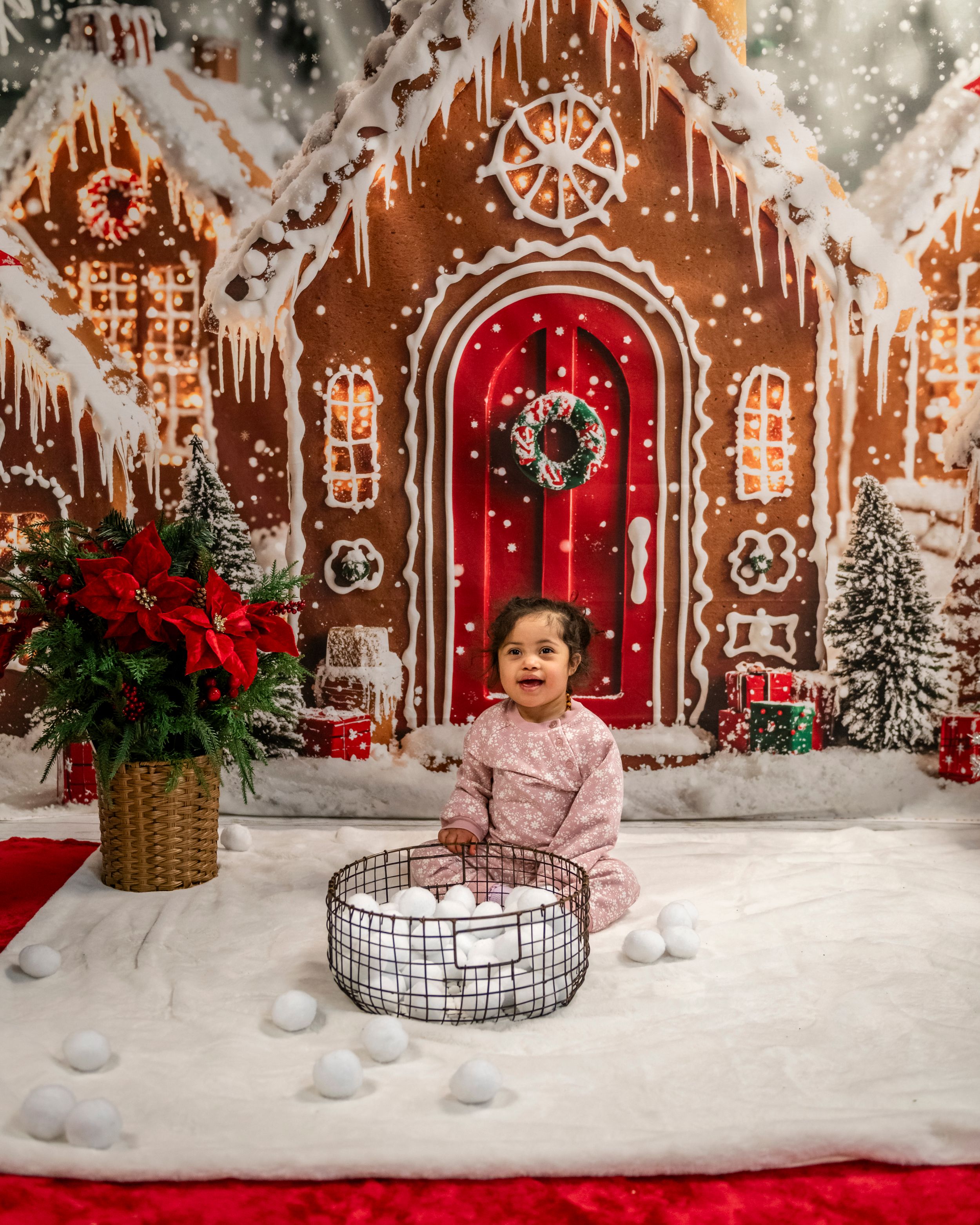 Festive Christmas photo setup with gingerbread house backdrop, red door, poinsettias, and snowy holiday decorations.