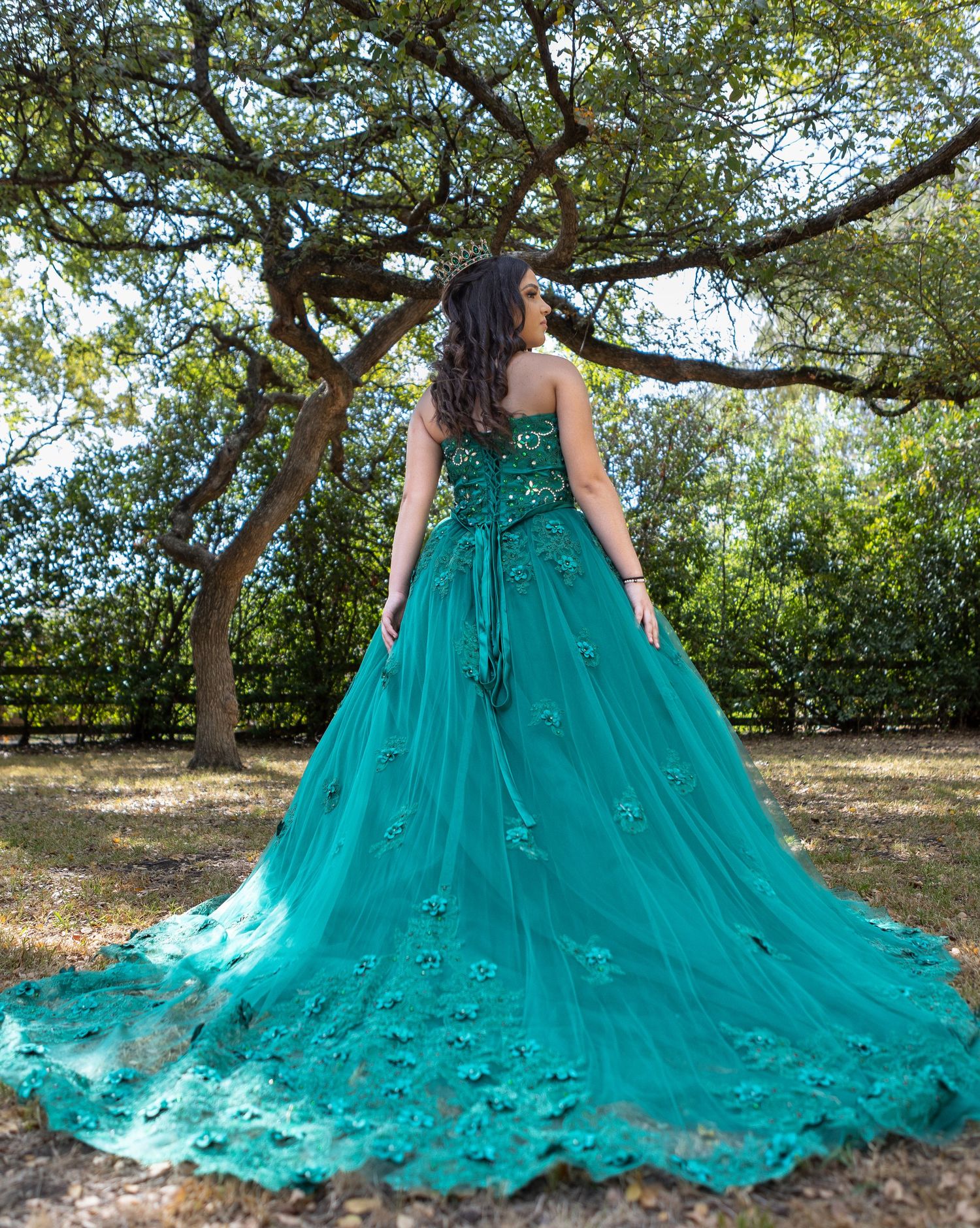 Back view of a teal ballgown with intricate detailing and long train against a natural outdoor backdrop.