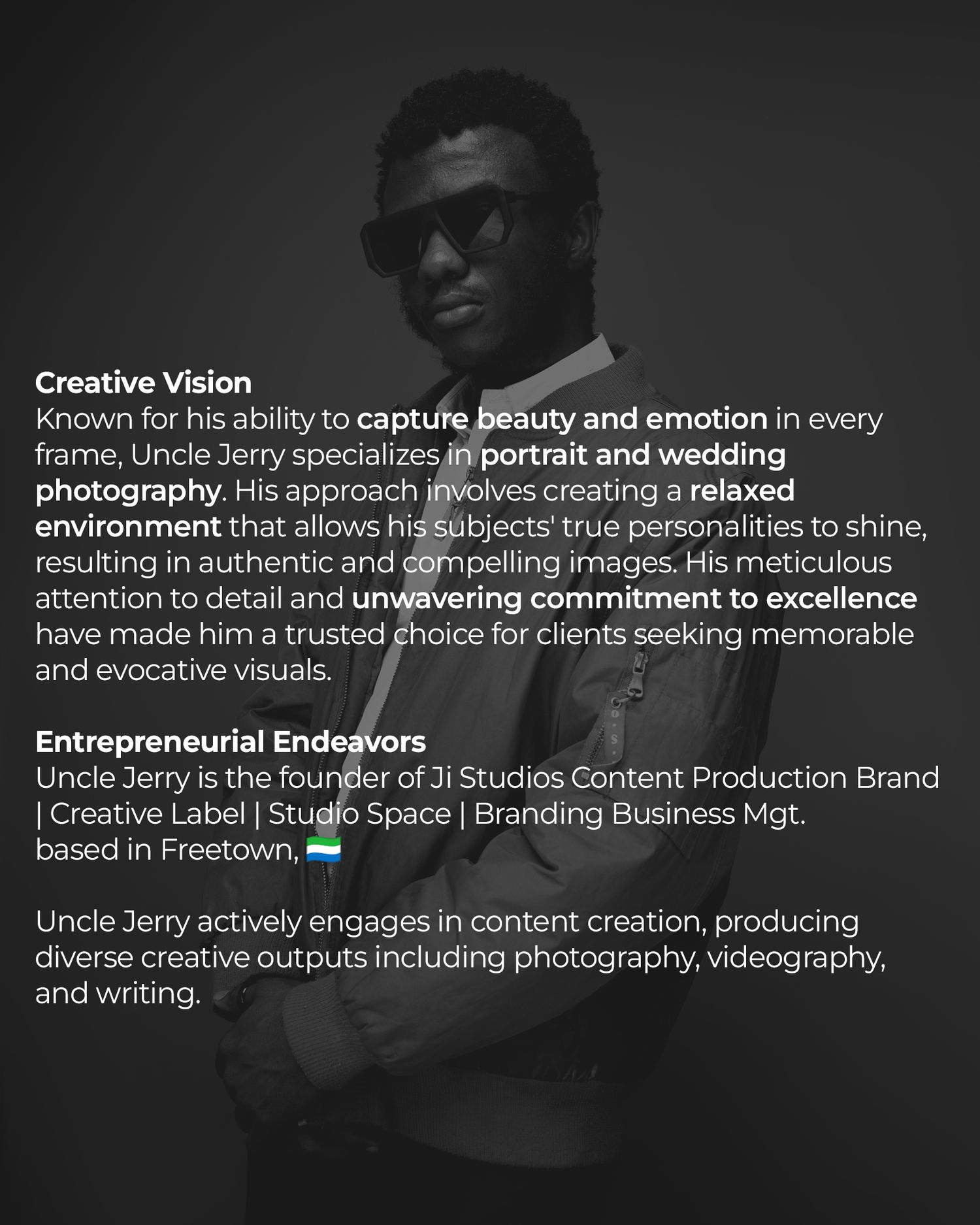 Professional portfolio screenshot showing creative vision and entrepreneurial endeavors text on dark background with sunglasses photo.