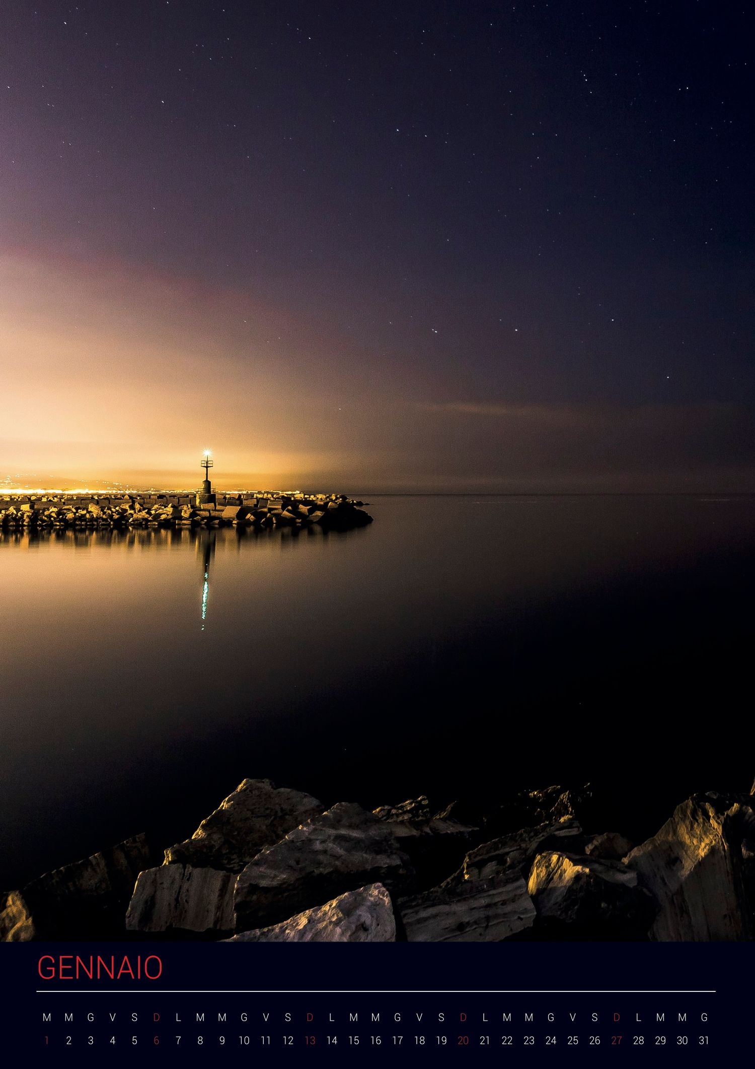 Nighttime seascape with illuminated pier and starry sky reflecting on calm water.