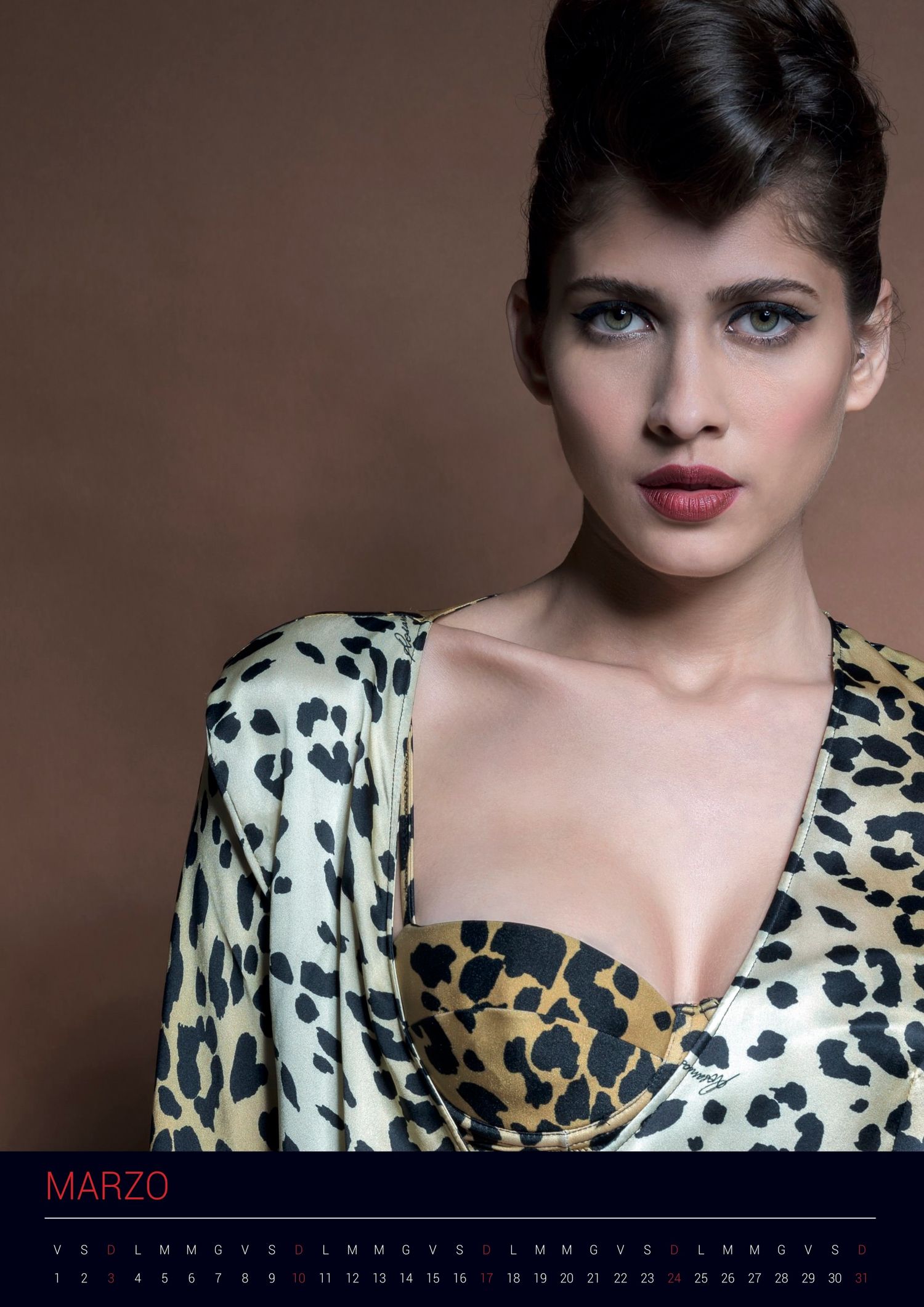 Classic portrait featuring animal print fashion and vintage-inspired hair styling.