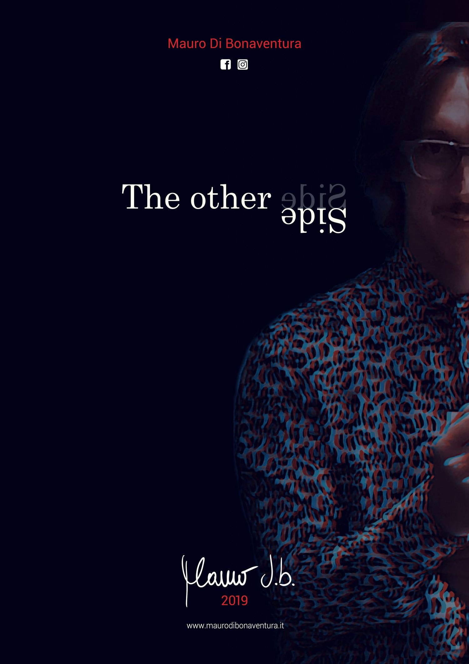 Dark artistic poster design with 'The other Side' text and a figure in patterned clothing against black background.
