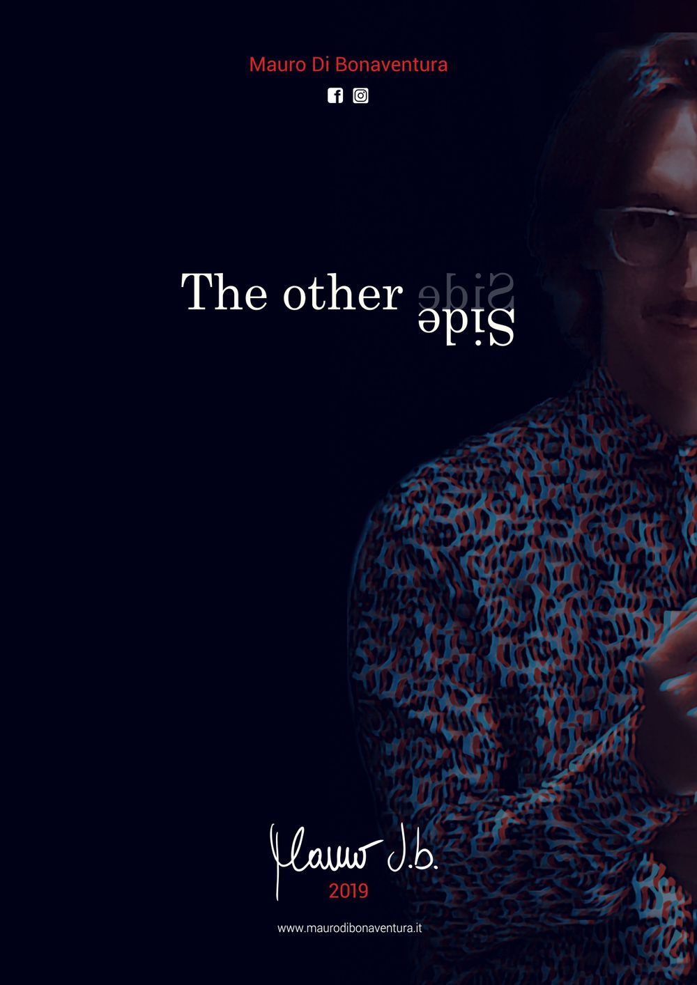 Dark artistic poster design with 'The other Side' text and a figure in patterned clothing against black background.