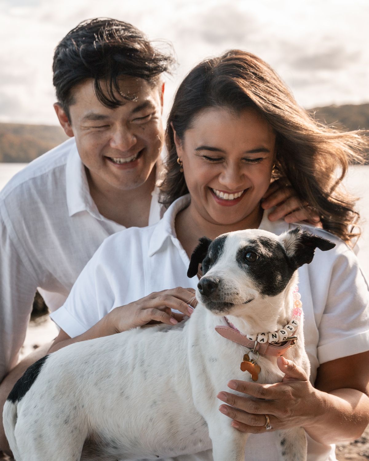 a couple happily looking at their cute little black and white dog in one of Sydney's reserve during a photoshoot together with their dog