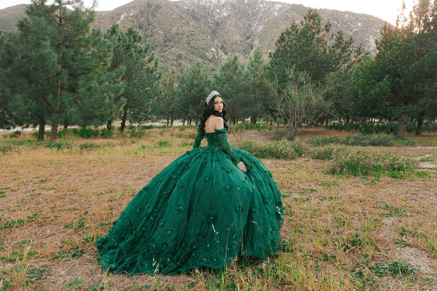 A stunning emerald green quinceañera ball gown sparkles in a forest clearing during golden hour.