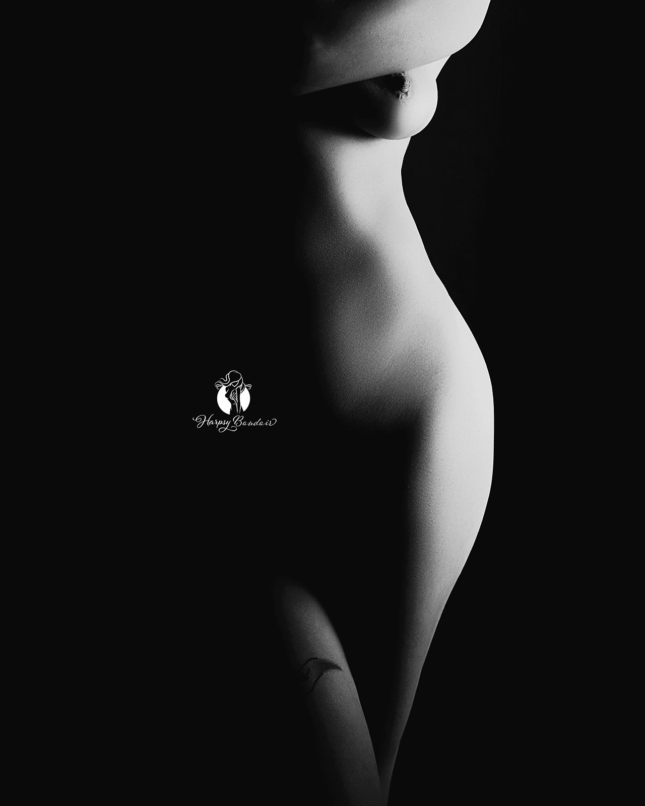 Black & white artistic nude photography silhouette highlighting woman's form against dark background; creative lighting boudoir photography