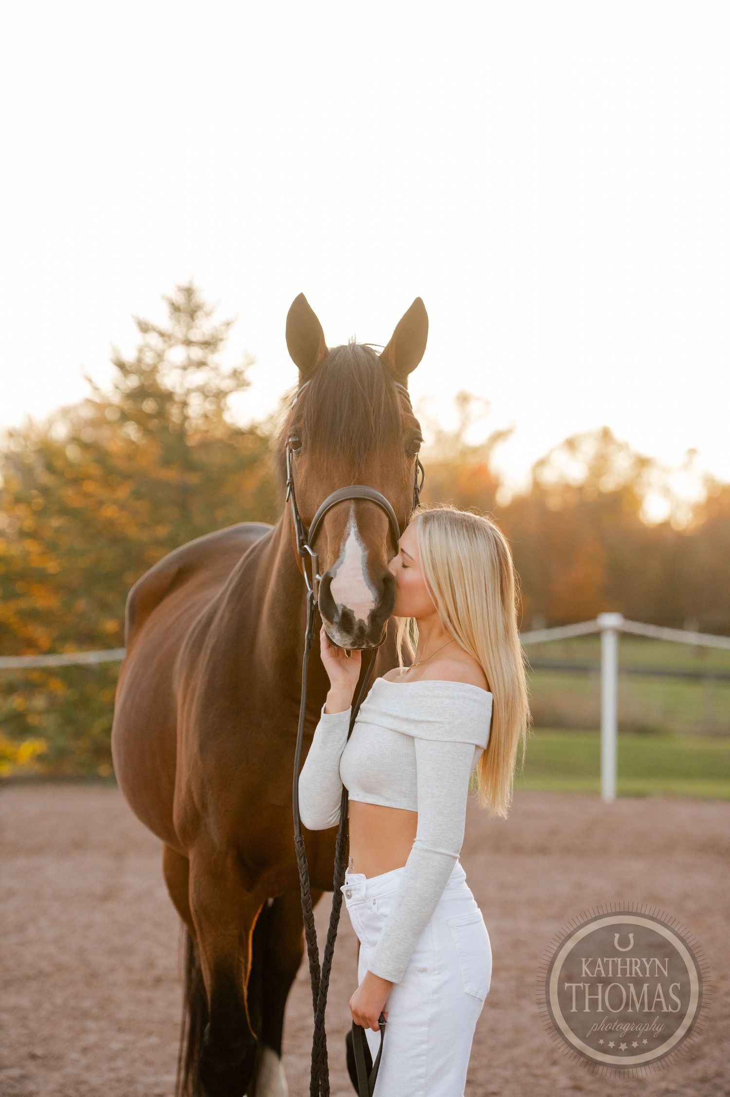 Close-up shot of a person with their horse in warm evening light.
