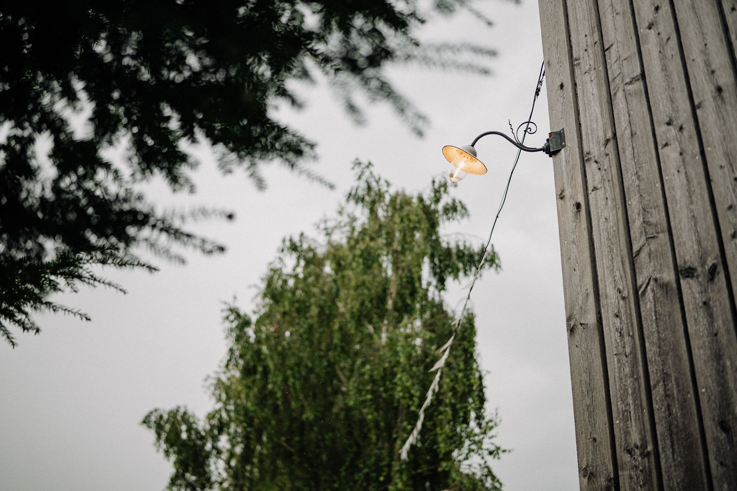 A stick figure light installation mounted between trees and a building glows against an overcast sky.