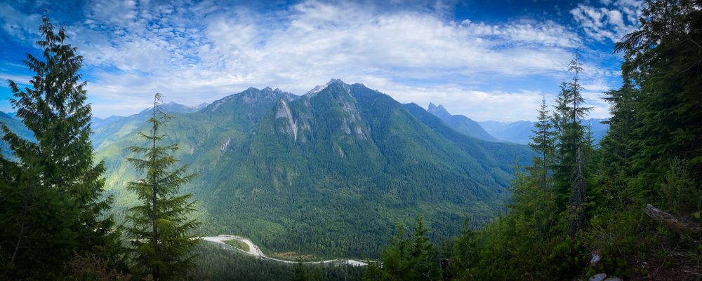 Panoramic mountain landscape with evergreen trees and blue sky in the Pacific Northwest.