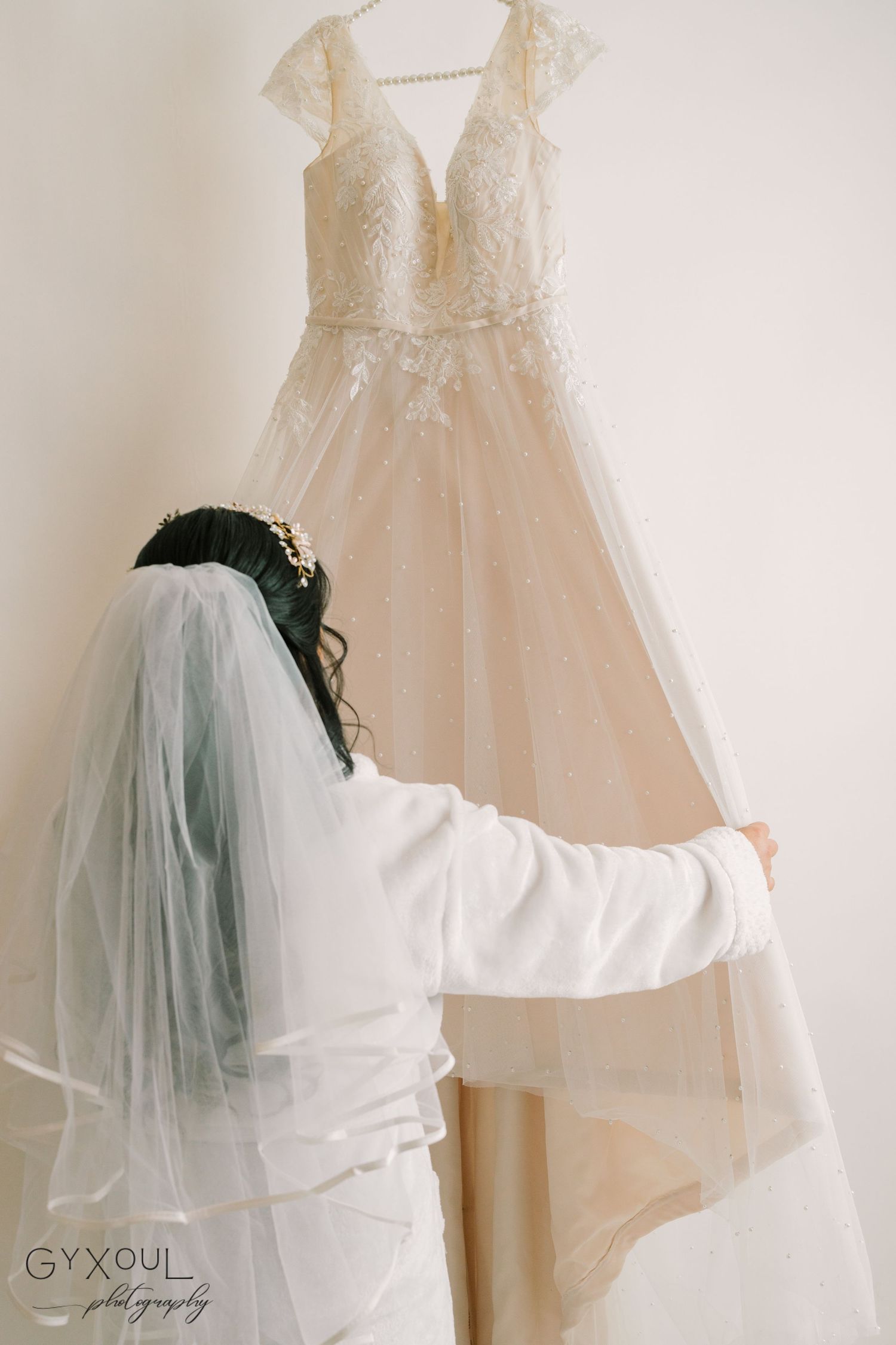 A wedding dress displayed with intricate lace bodice and tulle skirt against white background.