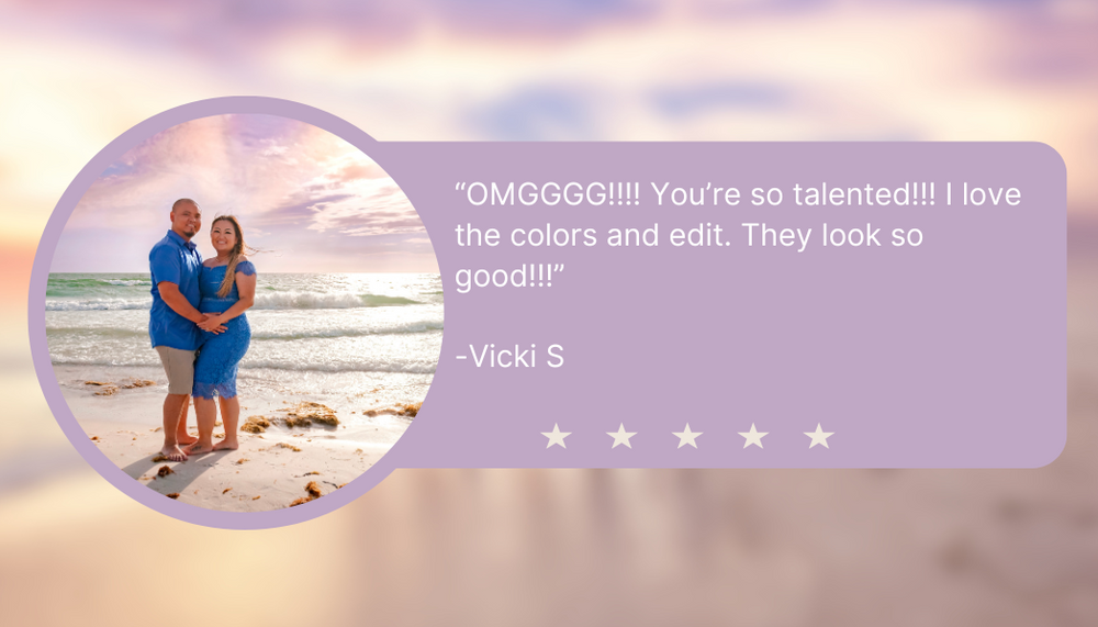 Beach photography review card with couple's photo and five star rating on pink gradient background.