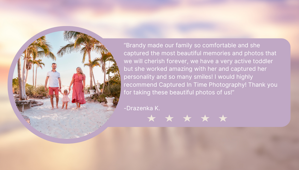 Family beach photo testimonial with palm trees and pink gradient design featuring five star rating.