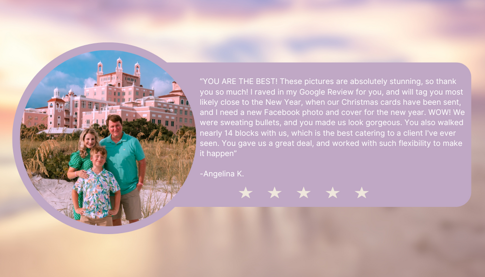 A testimonial featuring people posing at Disney castle with pink gradient background and five star rating.