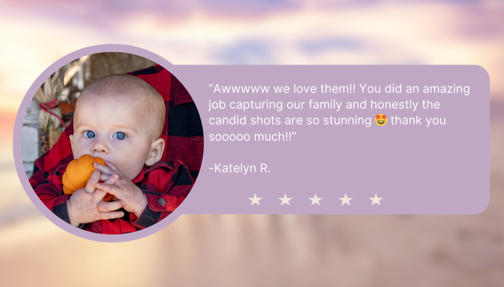 A baby eating testimonial review card with five stars and pink gradient background.