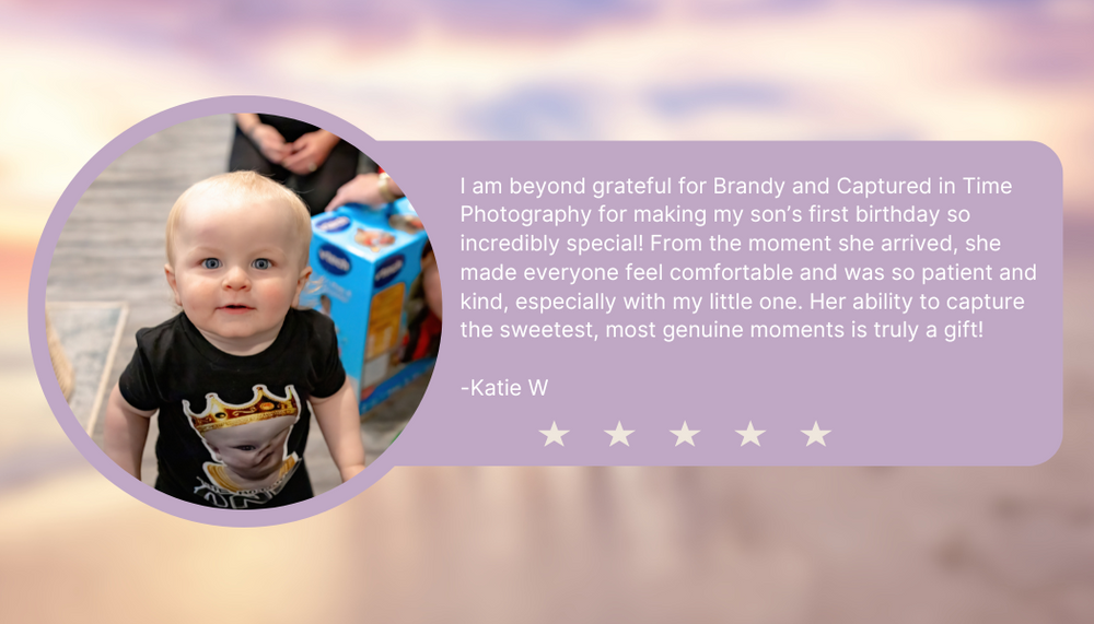 Child birthday party testimonial with five star rating and circular profile photo on pink gradient background.