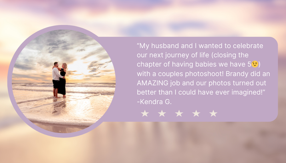 A review testimonial with a beach silhouette photo and five star rating in pink gradient design.