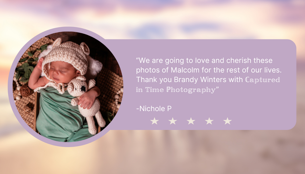 Baby photography testimonial with newborn photo and five star review on pink gradient background.