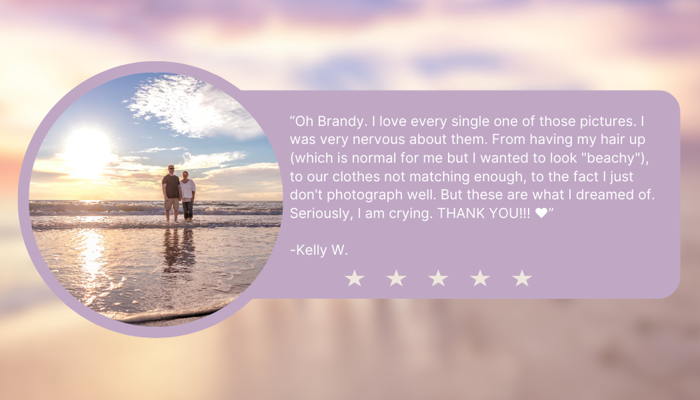 Sunset beach photography testimonial with silhouetted figures and five star review.