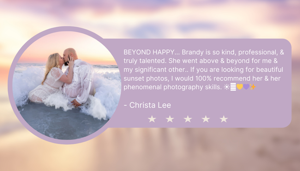 Photography review testimonial displayed on sunset beach background.