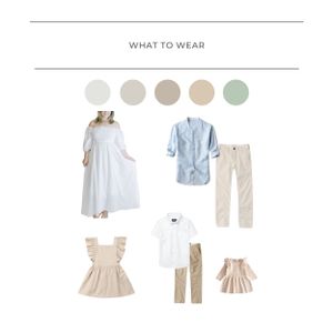 Neutral color palette fashion mood board showing white dress, blue button-up shirt, khaki pants and children's ruffle dresses.