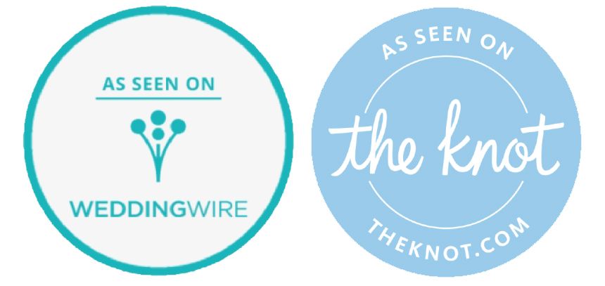 Two circular wedding vendor badges showing 'As Seen on WeddingWire' and 'As Seen on The Knot' in teal and blue colors.