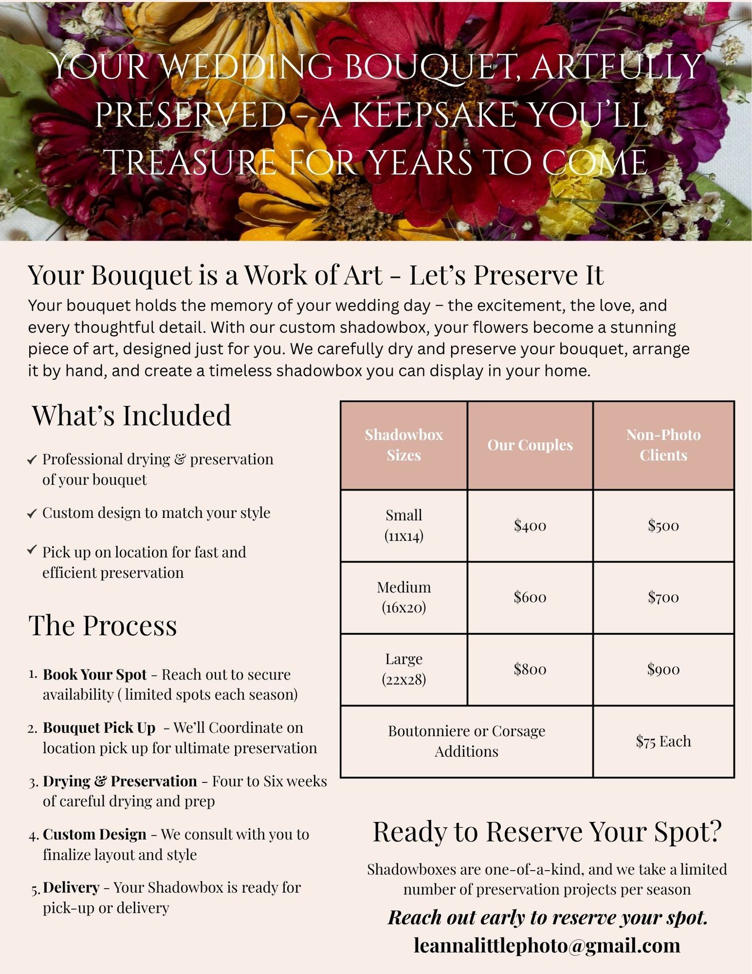 Wedding bouquet preservation shadowbox service flyer with pricing and process details.