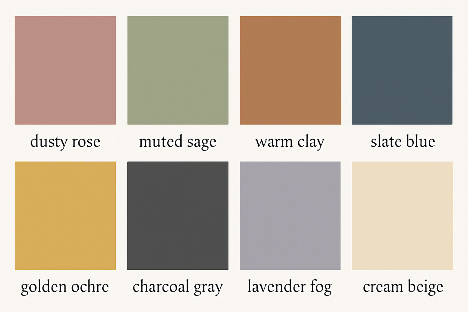 Earthy color palette showing muted tones of rose, sage, clay, blue, ochre, gray and beige.