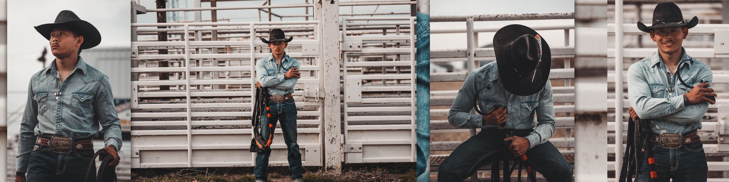 Western-style photoshoot with figure in cowboy hat and boots posing against rustic white fence panels.