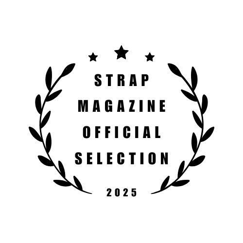 Black laurel wreath logo design with stars and text 'Strap Magazine Official Selection 2025' in minimalist style.