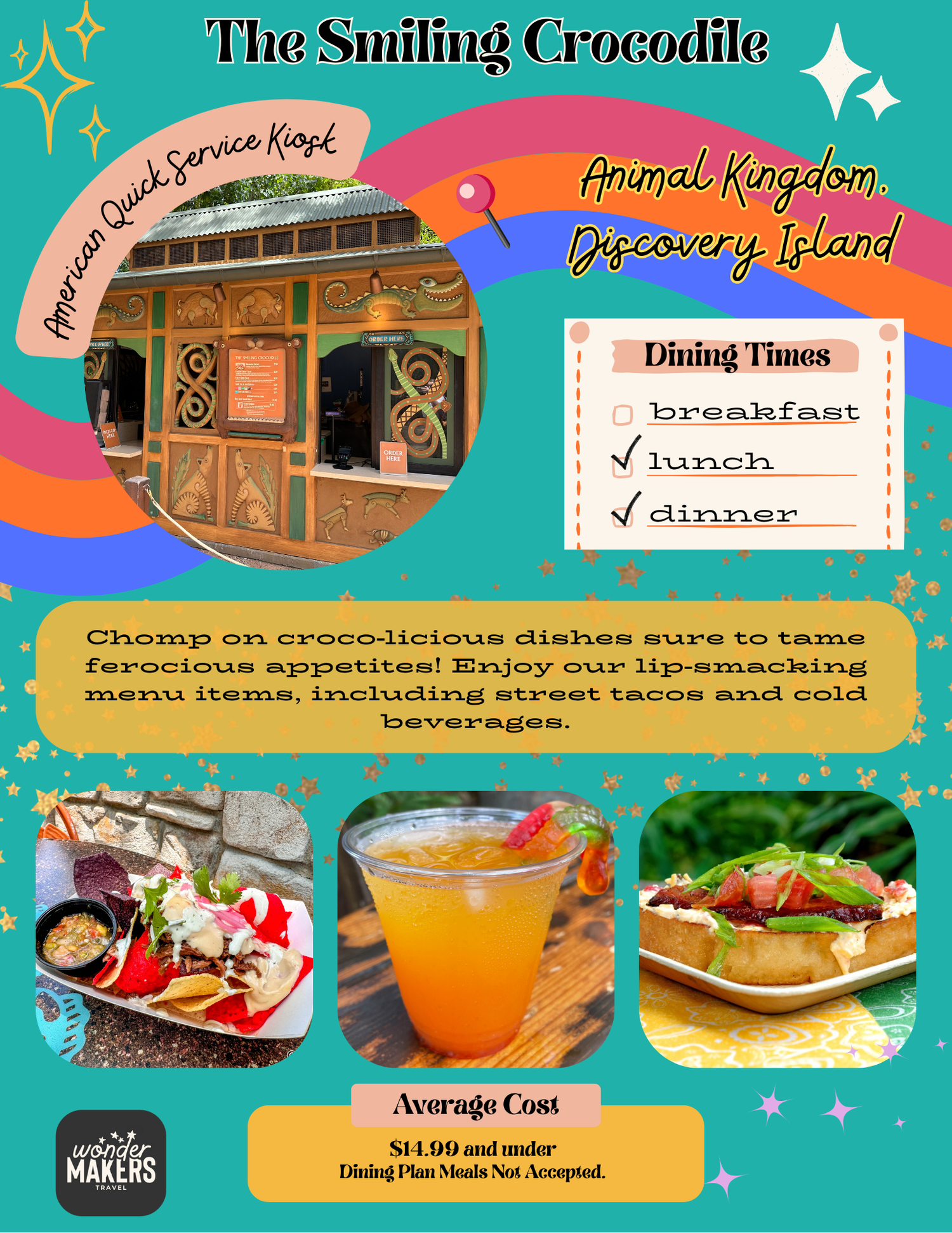 Colorful restaurant menu design for The Smiling Crocodile featuring a storefront photo and food images in a retro style layout.