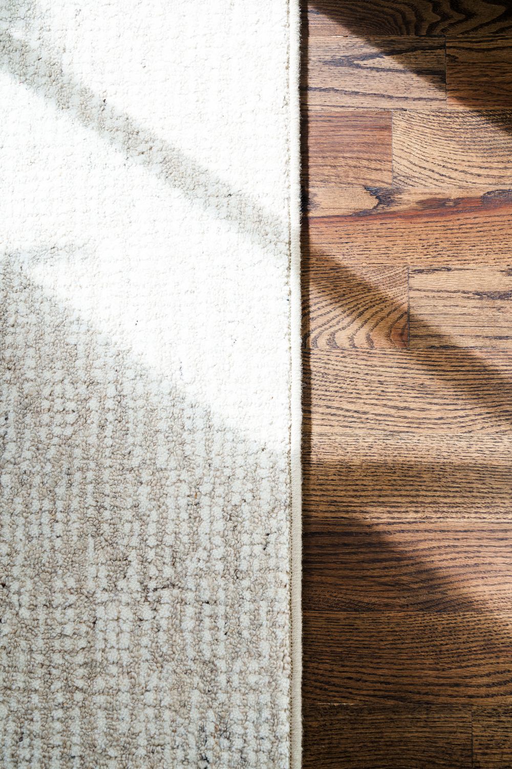 Close-up of a hardwood floor transition showing carpet and wood flooring meeting with a metal divider strip.