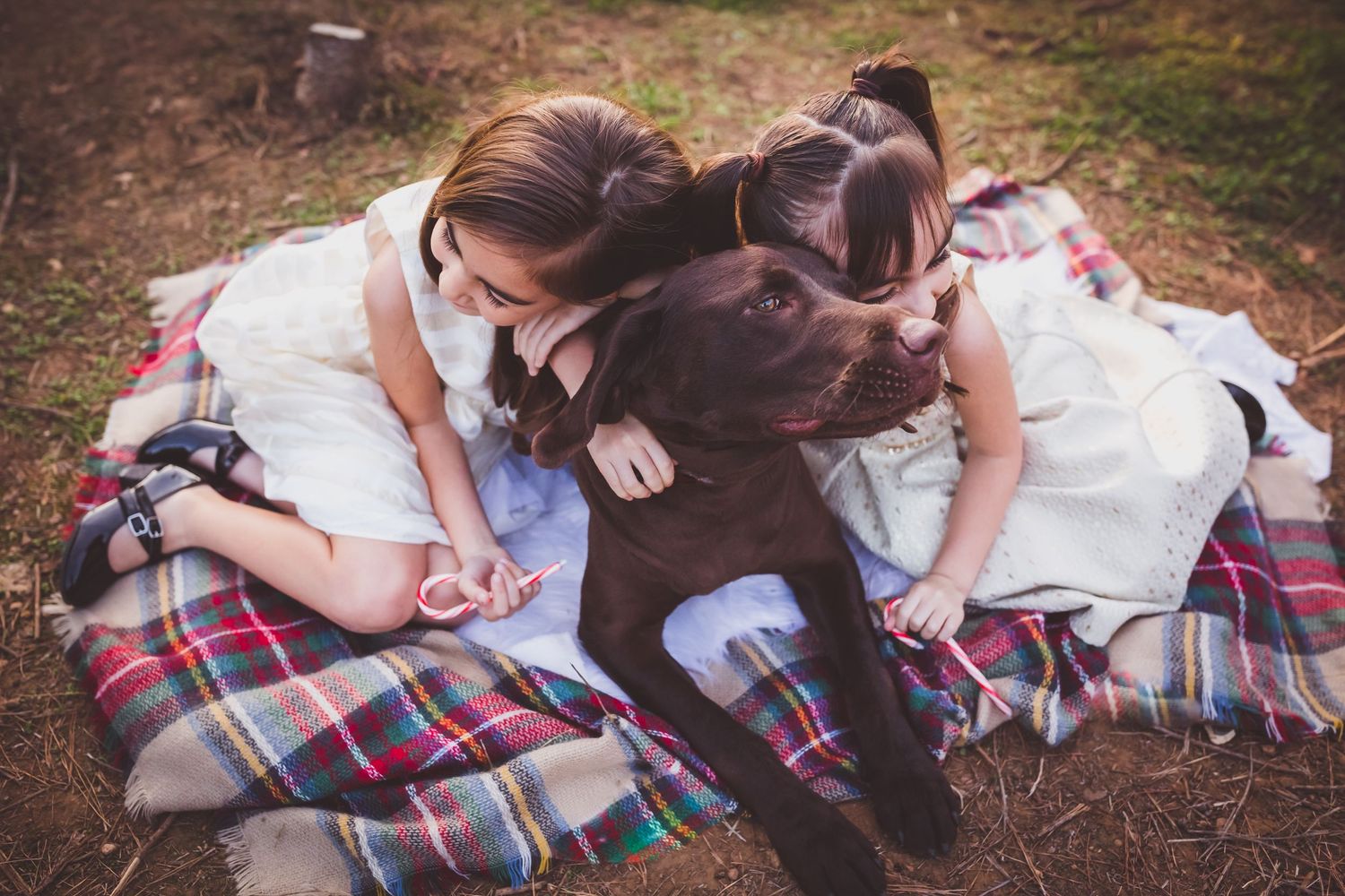 Couple lying together on blanket in autumn outdoors with plaid accents and natural setting during photoshoot.