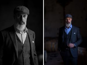 Dramatic black and white portraits of a person in vintage style clothing and flat cap against dark backgrounds.