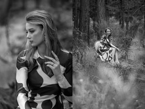 Two black and white fashion photographs showing elegant poses in a natural outdoor forest setting among trees and foliage.