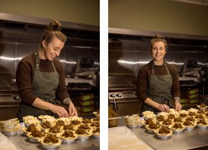 Two views of someone in a brown sweater and apron preparing numerous pastries in a commercial kitchen setting.