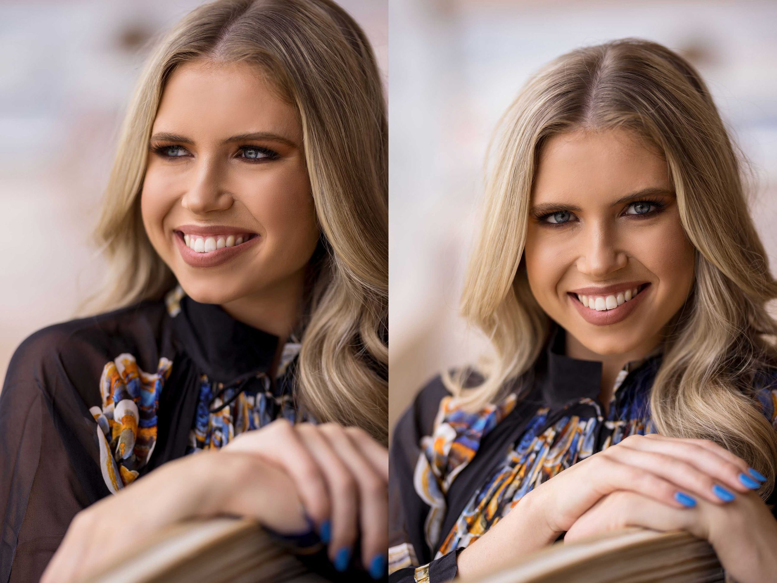 A series of photographs showing someone smiling and laughing while wearing a dark top against a light colored background.
